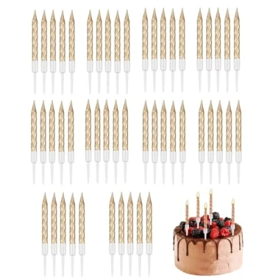 Image of JJiaoLinin Birthday Candles,50 Pieces Spiral Cake Candles in Holders Metallic Cupcake Short Thin for Wedding Party Decorations,Champagne Gold