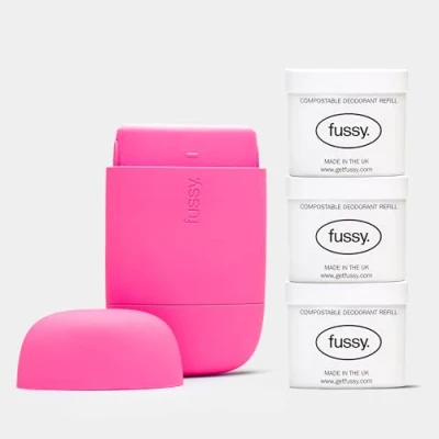 Image of Fussy Natural Refillable Deodorant Aluminium Free 24 Hour Protection Hot Pink Case &amp; Variety Refill Pack (3 x 40g) Citrus, Floral Mint Vegan Cruelty 100% Effective