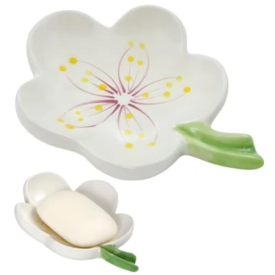 Image of HuaLiSiJi Ceramic Soap Dish with Drainage Pretty Dishes Bathroom Flower Shaped Sustainable Use for All Common Sizes Solid Soaps (White)