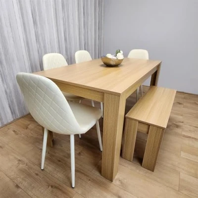 Image of KOSY KOALA Wooden Dining Table Set for 6 Oak Effect With 4 Cream Gem Patterned Chairs and 1 Bench