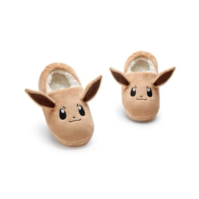 Image of Pokemon Girls Slippers Childrens Eevee Character Face Slip On Loafer with 3D Ears Kids Pocket Monsters Fur Lined House Shoes in Brown Game TV Series Indoor Bedroom Footwear Merchandise