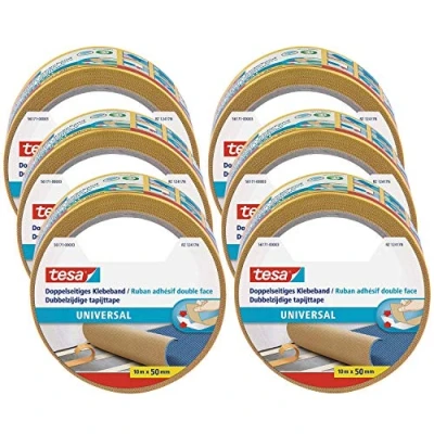 Image of tesa 56171 Double Sided Universal Pack of 6 Versatile Tape for Packaging, Decoration and Carpets or Crafts Rolls Each 10 m White