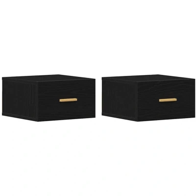 Image of vidaXL wall mounted bedside cabinet black oak particle board set of 2 modern square design with drawer storage for bedroom