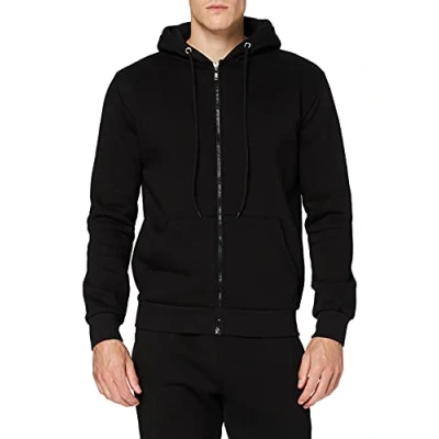 Image of FM London Heavyweight Zip Up Hoodie Mens Hoodies with Inner Brushed Fleece Lining Durable Suitable for Gym &amp; Casual Wear Cotton Rich, Comfort Fit , Black, L