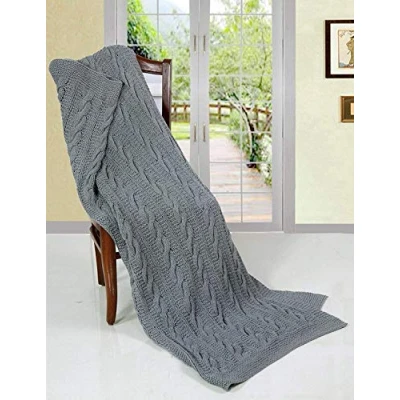 Image of EHC Super Chunky Hand Knitted Single Cotton Armchair Sofa Blanket Throw Home Décor Gift, Smoke 125 x 150 cm