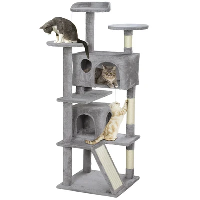 Image of PawHut Cat Tree, 138cm Tower with Sisal Scratching Posts and Pad, Bed, Condos, Platforms, Toy Balls, Anti Tip Kit, Kitten Activity Centre for Indoor, Light Grey