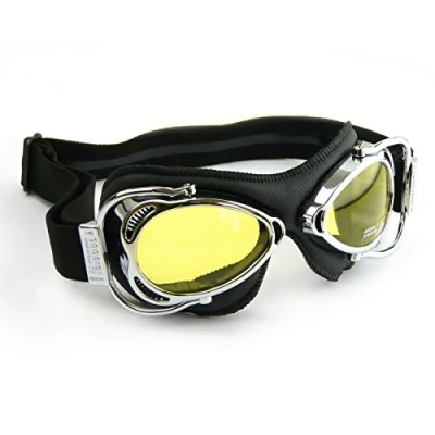 Image of HDM Nannini Streetfighter Italian Motorcycle Goggles with Chrome Styled Frames and a Black Leather Facemask (Yellow)
