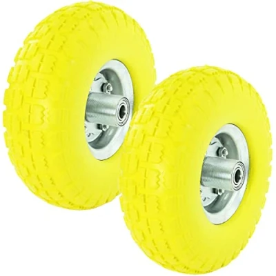 Image of SPARES2GO 10&quot; Solid Yellow 4.10/3.50 4 Rubber Wheelbarrow Tyre &amp; Axle Wheel Bearing for Cart Barrow Trolley (Pack of 2)