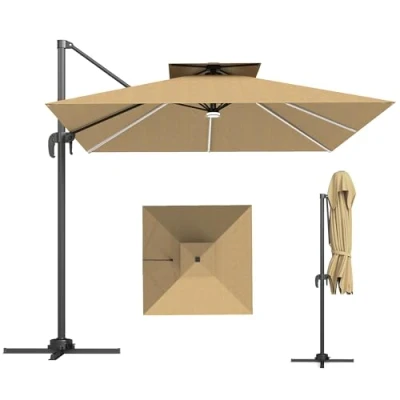 Image of Outsunny 2.5m Cantilever Parasol with Solar Powered LED Lights, Double Top Square Overhanging Garden 360 Rotation, Tilt Adjustment, Crank Handle, Khaki
