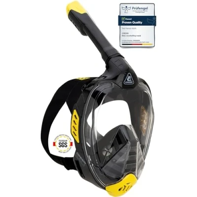 Image of CRESSI Bali Full Face Mask Black/Yellow L/XL Unisex Integral Snorkel Mask, Anti Fog Clear Lens, 100% Silicone, Dry with Float Valve, Action Cam Mount, Adjustable Strap, Black/Yellow,