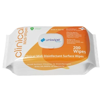 Image of Uniwipe Clinical Midi Wipes, Antibacterial, Sanitising, Kills 99.999% of Germs, 200 Count