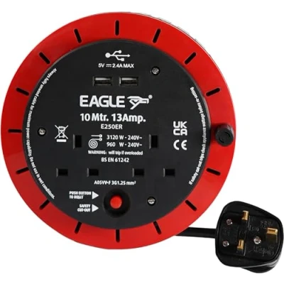 Image of Eagle Cassette Style Cable Mains Extension Reel13A with 2 USB and UK 13Amp Outlets, Overload Protection for Safety, Compact Design (10 Metre)