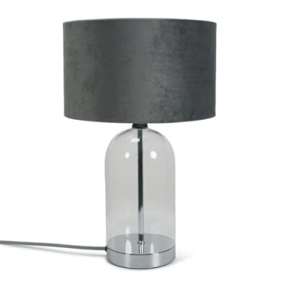 Image of Glass and Silver Chrome Metal Bedside Table Lamp with a Grey Velvet Lampshade Living Room Bedroom Light