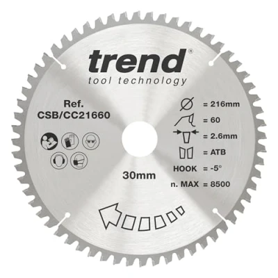 Image of Trend Wood Mitre Saw Blade, 216mm Diameter, 30mm Bore, 60 Teeth, TCT, 2.6mm Kerf, 5 Hook, CSB/CC21660