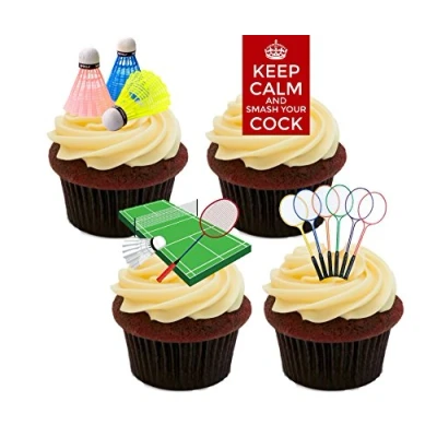 Image of Badminton Rude/Funny Edible Cupcake Toppers Stand up Wafer Cake Decorations (Pack of 12)
