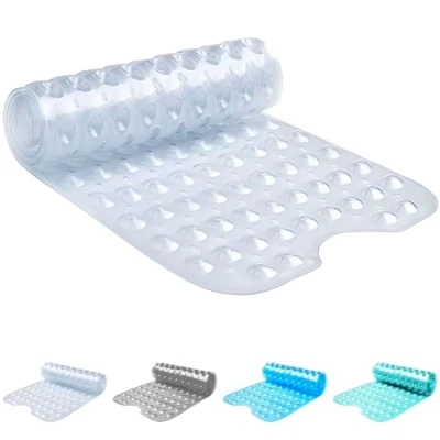 Image of ADOV Shower Mat, Extra Long Non Slip Bath Mat Antibacterial Rubber 100x40 cm, Anti Mould Machine Washable Safety Bathroom with 200 Strong Suction Cups Griping, Drain Holes Grey