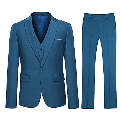 Image of Mens Suits 3 Pieces Fitted Cut Classic Style One Button Formal Suits, Blue, L