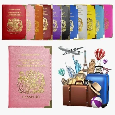 Image of AlezyB British Passport Holder, Portable Wallet Case Organiser for Men, Women, PU Leather Cover Travel, Business Cards, Credit Cards and Boarding Passes (Light Pink)