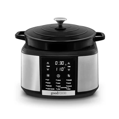 Image of GF16012 Good Food Electrical Dutch Oven with 12 Cooking Pre sets, Removable Cast Iron Pot, Iron, Hour Timer, 1500W, Black &amp; Stainless Steel