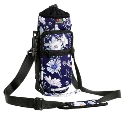 Image of Nuovoware Water Bottle Carrier Bag, 25oz/32oz Pouch Holder, Adjustable Shoulder Hand Strap 2 Pocket Sling Neoprene Sleeve Sports Accessories for Gym Hiking Travelling, Blue Cosmos