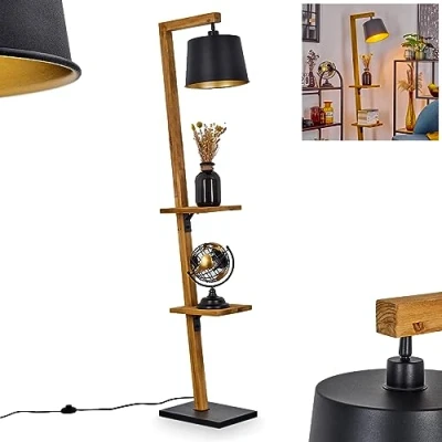 Image of Baval Floor lamp, Modern Light Made of Metal/Wood in Black/Nature/Gold, with Adjustable lampshade, Foot Switch on Cable and Shelves, Height 164 cm, 1 x E27, Without Bulb