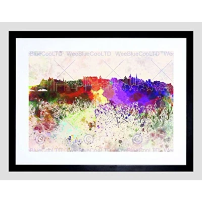 Image of Wee Blue Coo Painting Cityscape Edinburgh Skyline Paint Splash Framed Wall Art Print