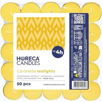 Image of Horeca Candles Citronella Tealight Pack of 50 Scented Long Lasting Tea Lights 4 Hours Burn Time Yellow Wax Outdoor, Balcony, Picnic, Camping
