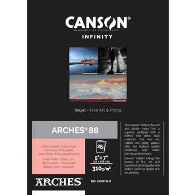 Image of Canson Infinity Arches 88 Ultra Smooth Pure White Matt Inkjet Photo Paper, 310gsm, 12.7 x 17.8 cm, 25 Sheets, Acid Free, Ideal for Professional Photographers