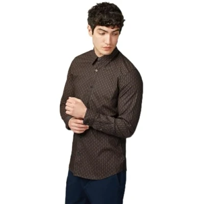 Image of Ben Sherman Big Size Linear Geo Print Long Sleeve Shirt for Men in Black, 2XL
