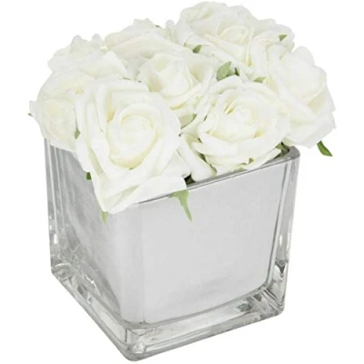 Image of Artificial White Roses in Mirror Cube Plant Flower Ornament Flowers Hotel Wedding Home Decorative Decor Gift
