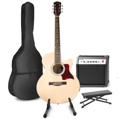 Image of Max Black Electric Acoustic Guitar Package Beginner Starter Kit with Amp, Footstand &amp; Stand Includes 6 Months Online Lessons for Guitars