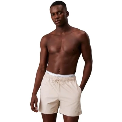 Image of Calvin Klein Men&#039;s Medium Double Waistband Mid Length Swim Shorts, Beige (Stony Beige), XL