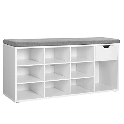 Image of VASAGLE Shoe Storage Bench, Hallway Bench with Cushion, Drawer and Open Compartments, Seat, for Living Room, Bedroom, Closet, White Grey LHS24WT