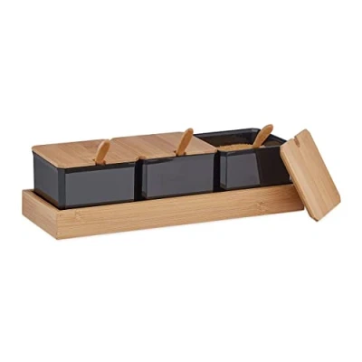 Image of Relaxdays Set of 3 Spice Jars, with Tray, Spoons, Lids, Bamboo &amp; Plastic, Container for Herbs, 11x30x13 cm, Black/Brown, 50%