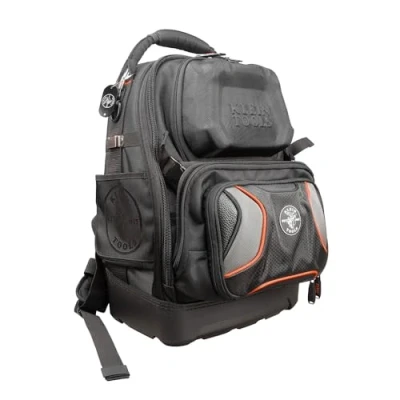Image of Backpack Tool Bag, 48 Pockets for Hand Tools, Great Electrician Heavy Duty Klein Tools 55485, Black With Orange/Gray, 19.5 Inch