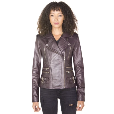 Image of Ladies Retro Purple 100% Nappa Leather Biker Jacket 5XL