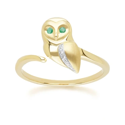 Image of Gardenia Emerald and White Sapphire Owl Ring in 9ct Yellow Gold Size: P