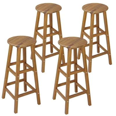 Image of CASARIA® Set of 4 Wooden Bar Stools 75cm Tall Seat Height Indoor Outdoor Kitchen Garden Breakfast Counter Barstools w/Footrest Solid Rustic Acacia Wood 150kg Capacity Brown