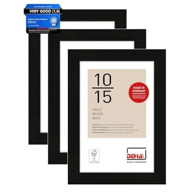 Image of DEHA Design Fontana Photo Frame 4x6, Set of 3, Wooden Picture 10x15cm, Black with Protective Acrylic Glazing and Push Turn Clips