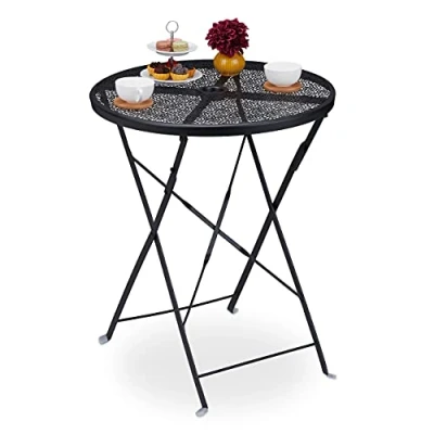 Image of Relaxdays Fold up Garden Table, Parasol Hole, Weatherproof, Steel, Round, HxD: 71.5x60.5 cm, Balcony, Durable, Black