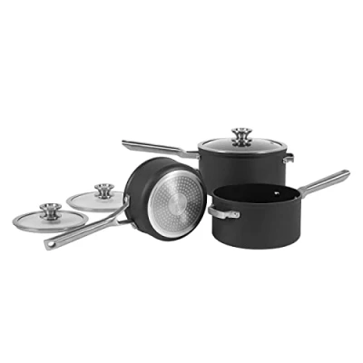 Image of Ninja ZEROSTICK Stackable Cookware 3 Piece Pan Set, Non Stick, Saucepans, 16cm, 18cm and 20cm with Oven Safe Glass Lids, Long Lasting Hard Anodised Aluminium, Grey, C53000UK