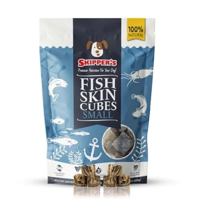 Image of SKIPPER&#039;S Fish Skin Jerky Cubes Gently Air Dried Dog Treats, Healthy &amp; Natural Treat for Dogs, Hypoallergenic Grain Free, High in Protein Low Fat Great Teeth (Cube Size Small, 70g Pack)