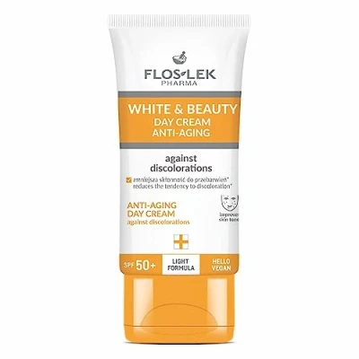 Image of FLOSLEK WHITE &amp; BEAUTY Anti Aging Protecting Day Cream with SPF 50 Wrinkle Moisturiser Face for Wrinkles and Age Spots Reduces Blackheads Brown ml