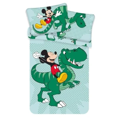 Image of Disney Dinosaur Toddler Bedding Featuring Mickey Mouse Cot Bedding, Reversible Size 100 x 135 cm, 40 60 cm Green Duvet Cover and Pillow Case