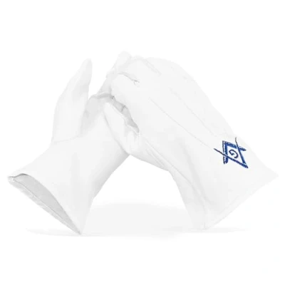 Image of THE Masonic COLLECTION White Leather Gloves With Royal Blue Square and Compass Design G logo A Perfect Gift Accessory For Freemason Men