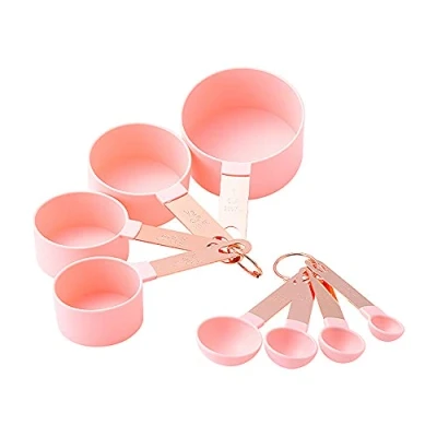 Image of 8 Piece Measuring Cups and Spoon Set Plastic Cup with Stainless Steel Handle, Tool for Liquids Solids Cooking &amp; General Kitchen Use (Pink)