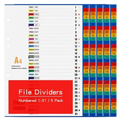Image of WORPSON A4 Plastic File Dividers 31 Part Number 1 Tabs [5 Pack] Index Folder Subject with Multi Colour Waterproof Labels Reinforced 11 Holes for Office Home (5)