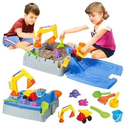 Image of The Magic Toy Shop Sand and Water Table 2 in 1 Kids Box Outdoor Garden Play Set Truck Crane Sandpit Toys