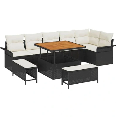 Image of vidaXL 9 Piece Garden Sofa Set with Cushions Black Poly Rattan Acacia