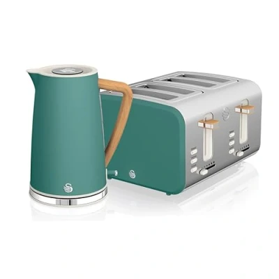 Image of Swan Nordic Kitchen Set, 1.7L Fast Boil Kettle and 1500W 4 Slice Toaster, Green SK14610GREN/ ST14620GREN
